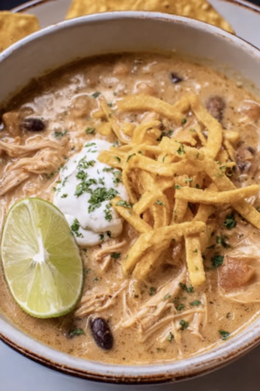 crockpot white chicken chili, creamy, savory, delicious, comfort food