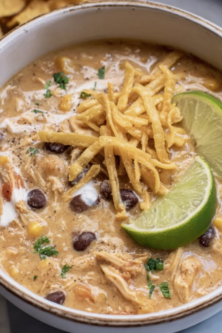 crockpot white chicken chili, creamy, savory, delicious, comfort food