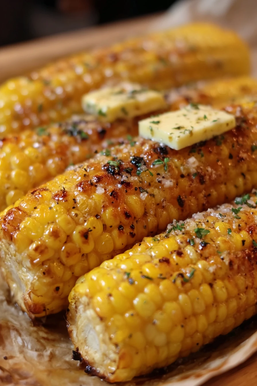 oven roasted corn, delicious, golden, buttery, savory, charred, mouthwatering, flavorful