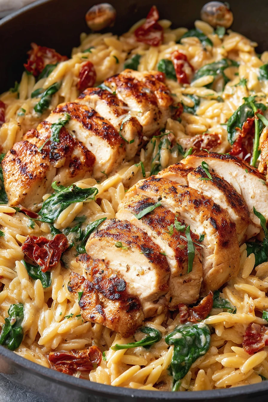 creamy, sun-dried tomato, chicken, orzo, savory, flavorful, delicious