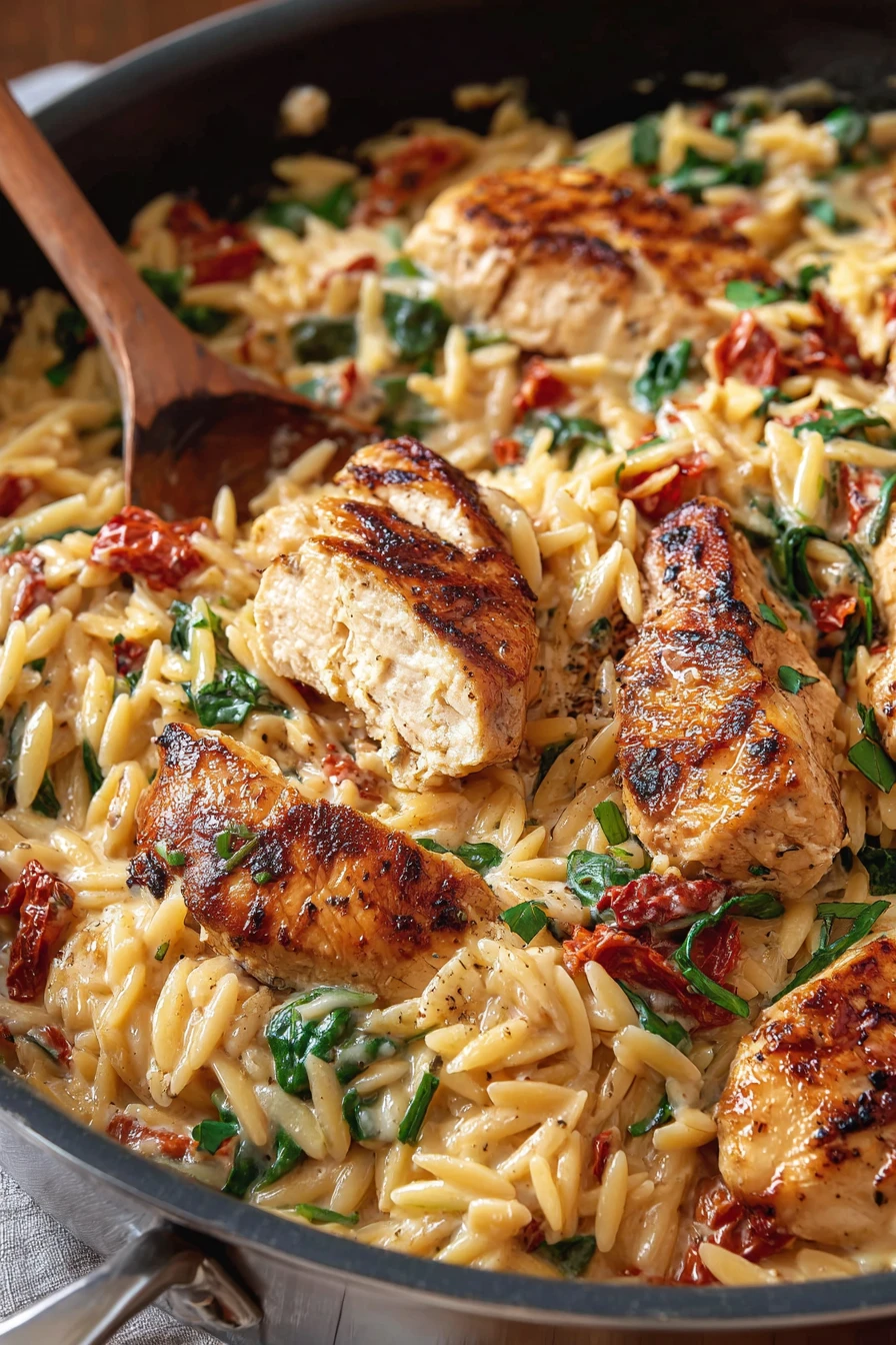 creamy, sun-dried tomato, chicken, orzo, savory, flavorful, delicious