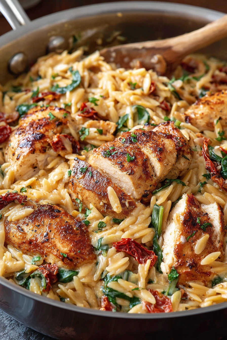creamy, sun-dried tomato, chicken, orzo, savory, flavorful, delicious