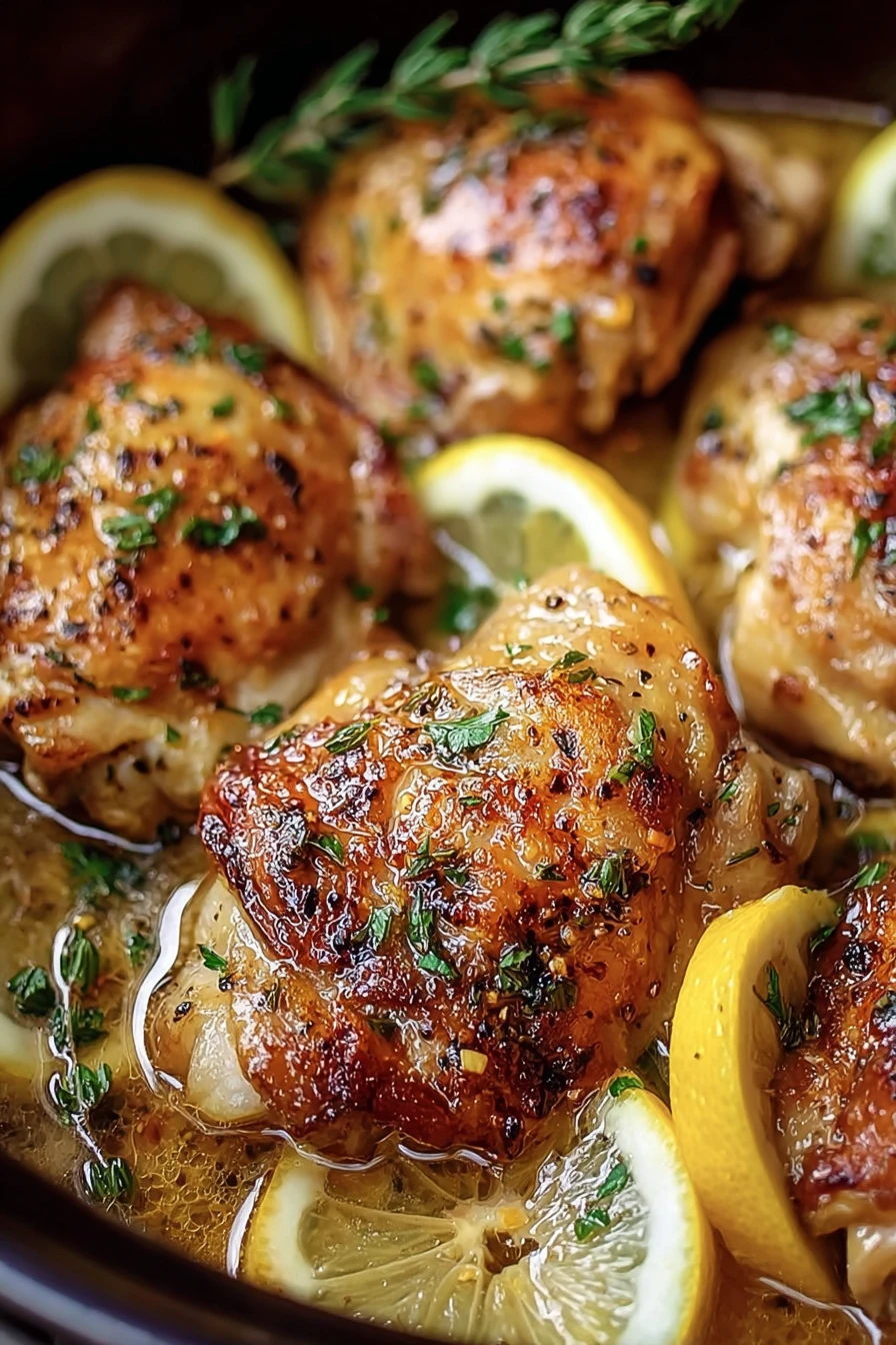 zesty lemon, garlic butter, chicken thighs, crock pot, savory, flavorful, aromatic, juicy