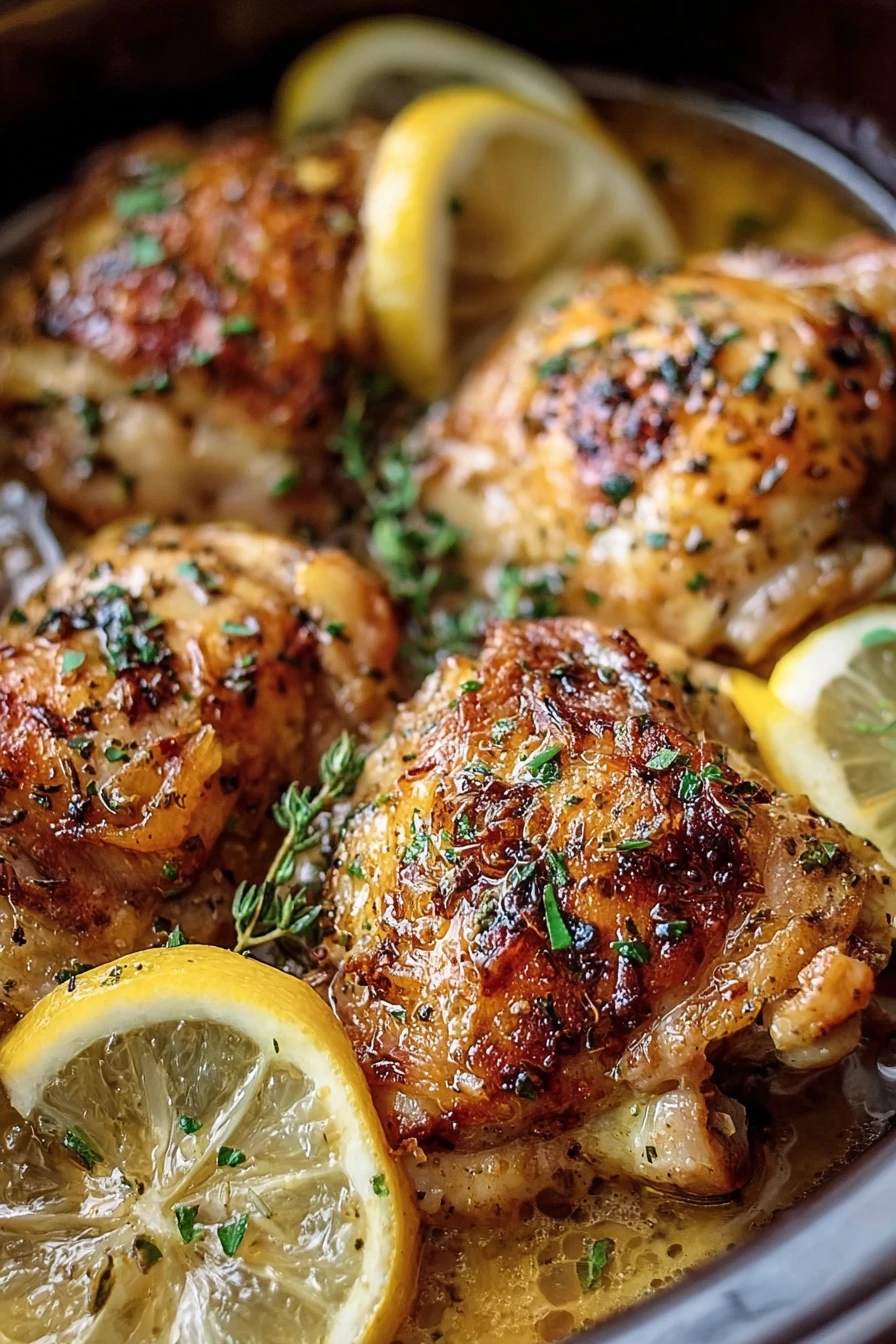 zesty lemon, garlic butter, chicken thighs, crock pot, savory, flavorful, aromatic, juicy
