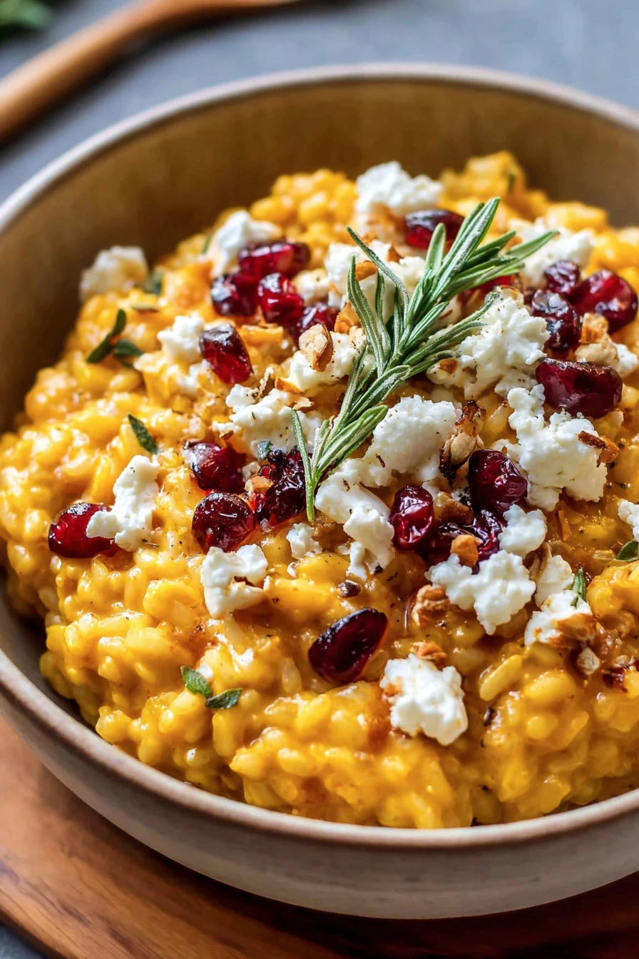 baked pumpkin risotto, goat cheese, savory, creamy, comforting, flavorful