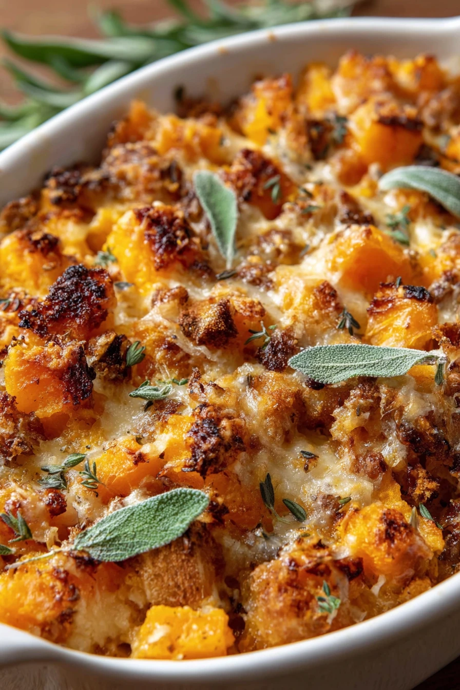 butternut squash casserole, savory comfort food, creamy cheese topping, autumn flavors, hearty side dish