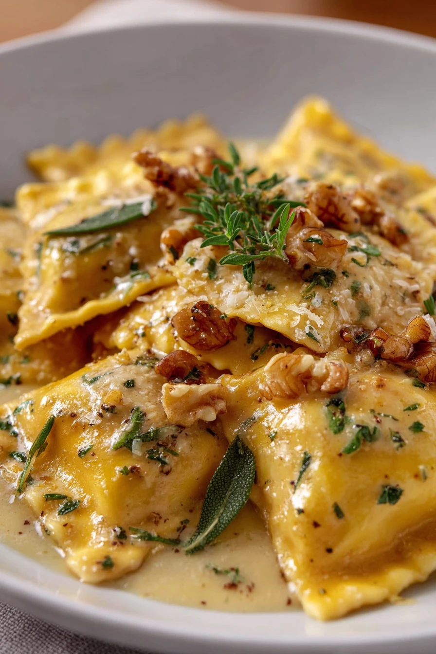 butternut squash ravioli, brown butter sauce, savory, delicious, pasta dish, flavorful sauce