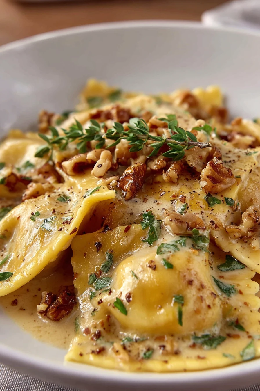 butternut squash ravioli, brown butter sauce, savory, comforting, delicious