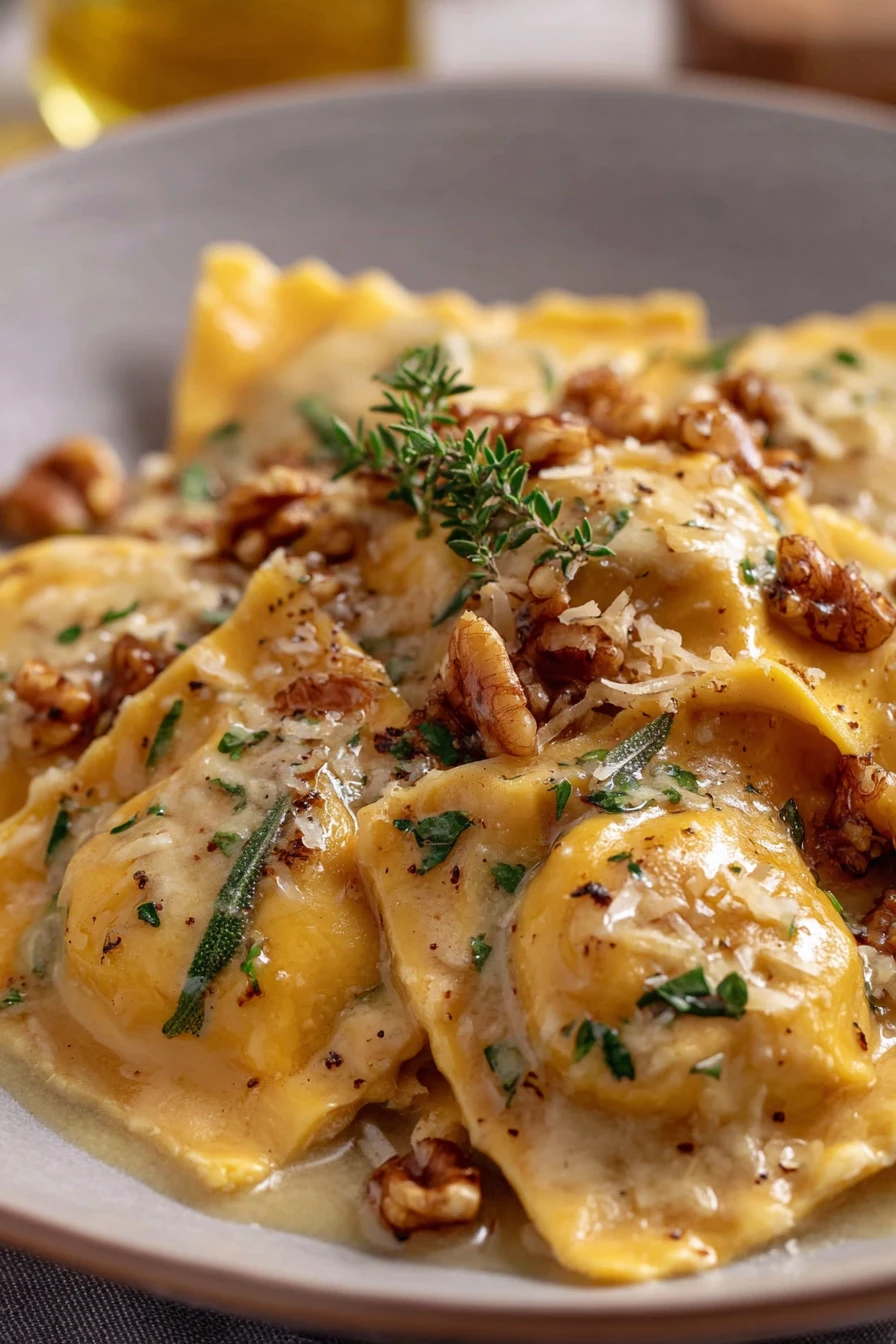 butternut squash ravioli, brown butter sauce, savory, delicious, pasta dish, flavorful sauce