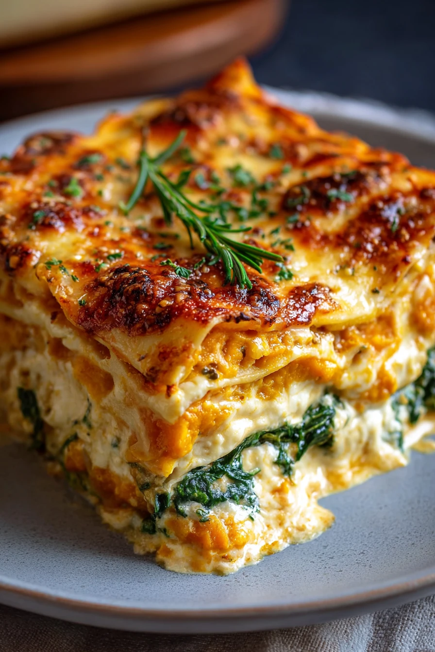 butternut squash, spinach, lasagna, cheesy, savory, layered, delicious, vegetarian
