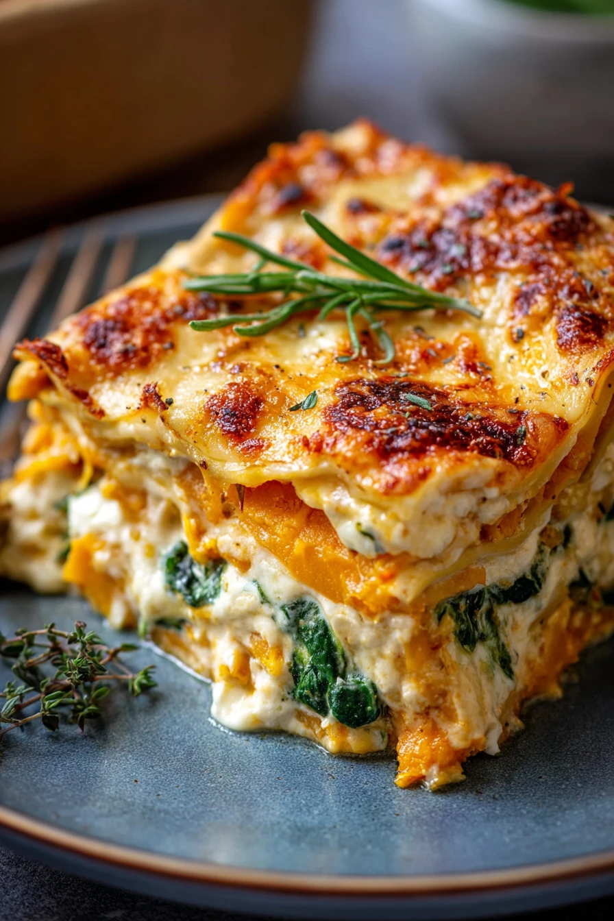 butternut squash, spinach, lasagna, cheesy, savory, layered, delicious, vegetarian