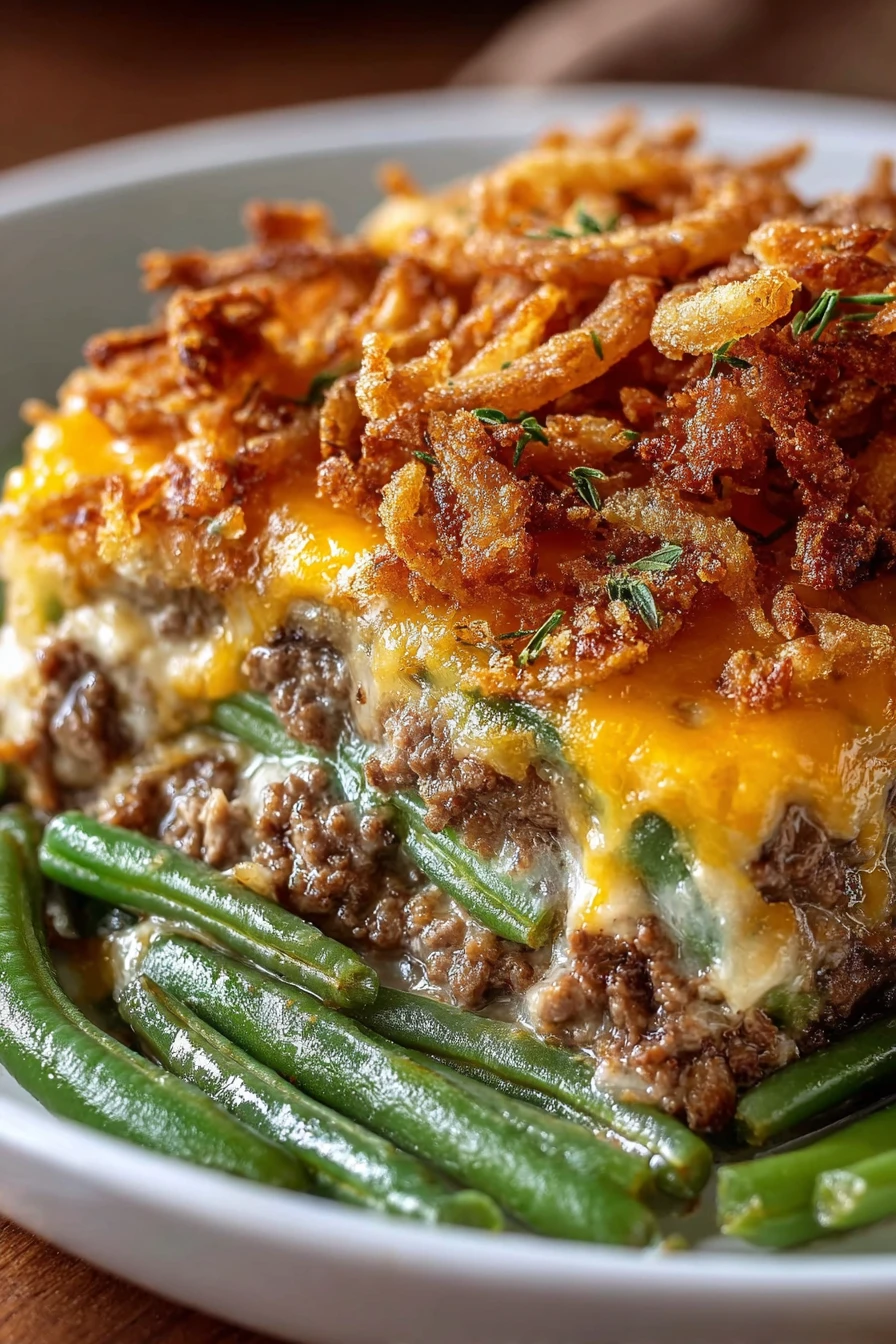 cheeseburger, green bean casserole, savory, juicy, cheesy, delicious