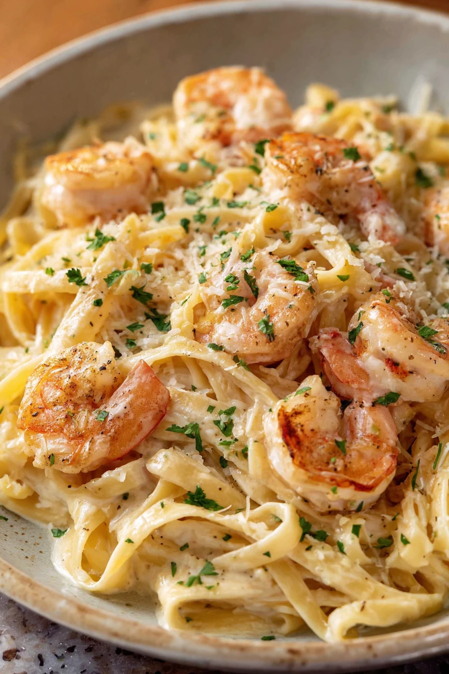 classic shrimp alfredo, creamy pasta, savory seafood, indulgent dish, flavorful sauce