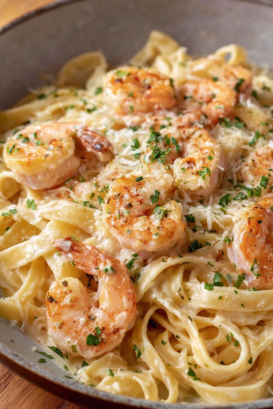 classic shrimp alfredo, creamy pasta, savory seafood, indulgent dish, flavorful sauce
