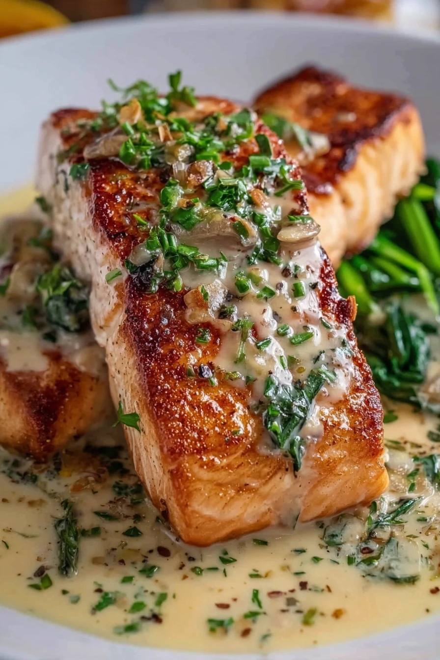 creamy garlic butter salmon, flavorful, succulent, savory, aromatic herbs