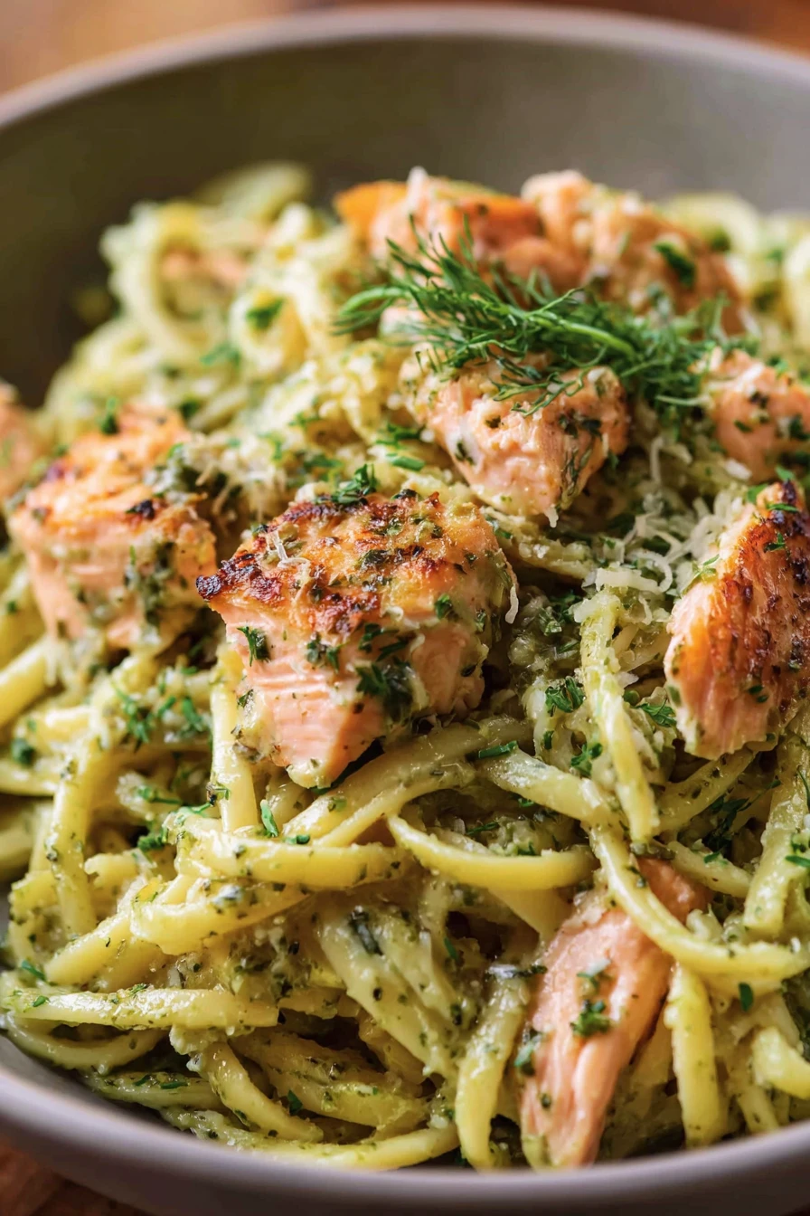 creamy salmon pesto pasta, savory, indulgent, flavorful, al dente, aromatic herbs