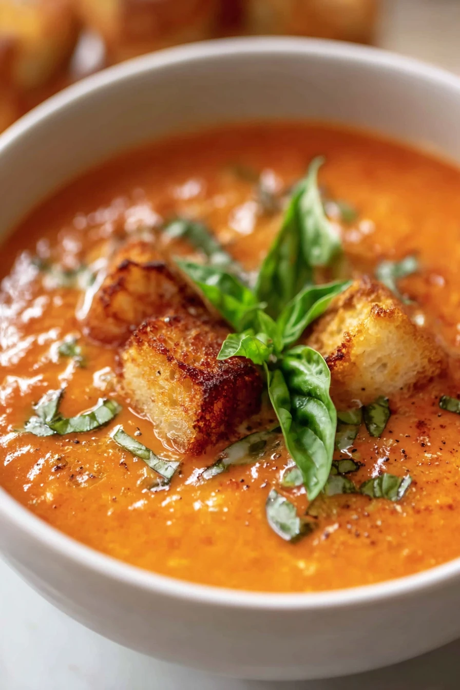 creamy tomato basil soup, comforting, aromatic, rich, flavorful, hearty, savory, delicious