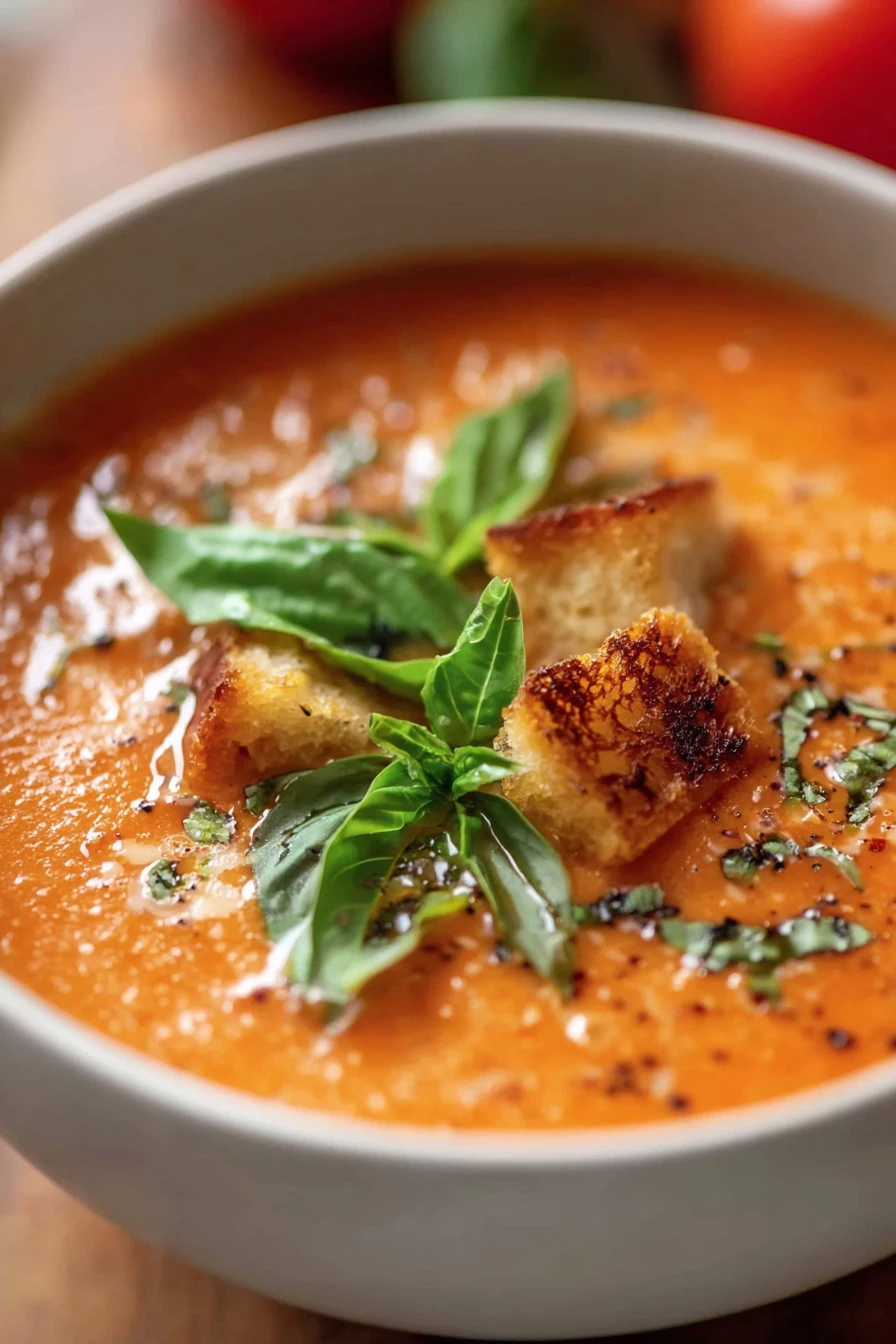 creamy tomato basil soup, comforting, aromatic, rich, flavorful, hearty, savory, delicious