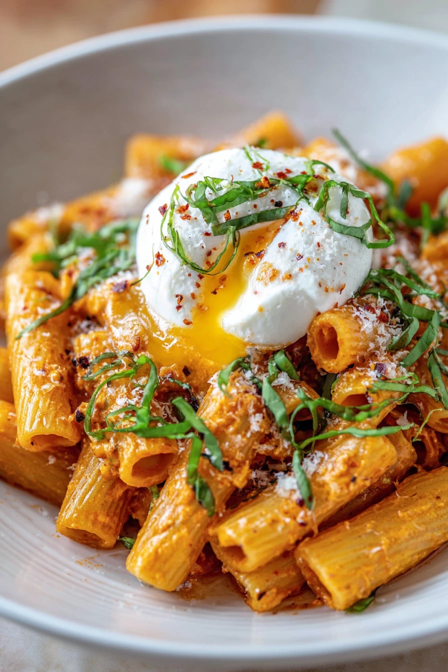 Creamy Vodka Tortiglioni, Burrata Spring, savory, indulgent, flavorful, pasta dish