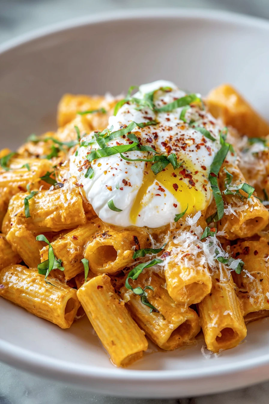 Creamy Vodka Tortiglioni, Burrata Spring, savory, indulgent, flavorful, pasta dish