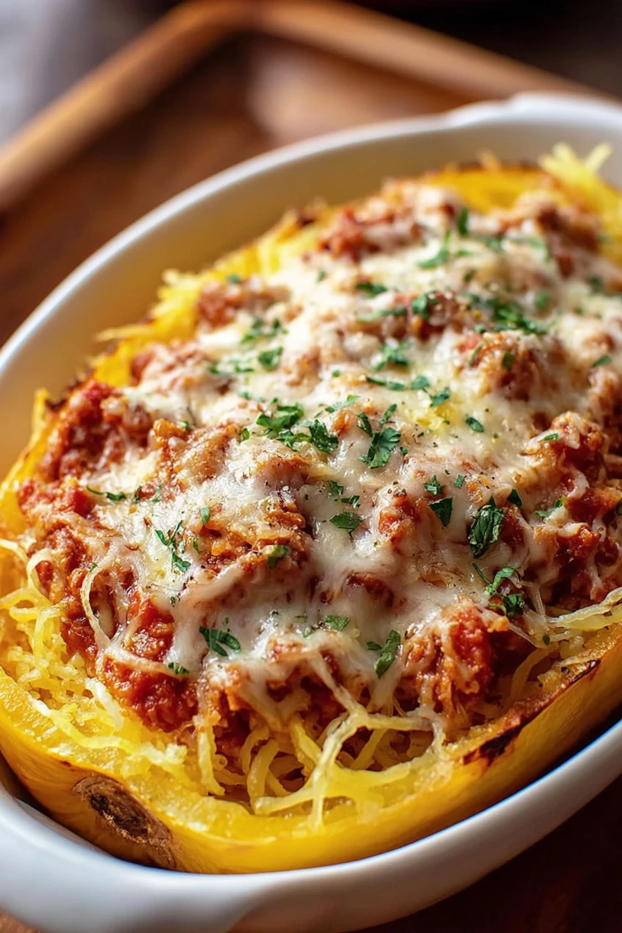 decadent, spaghetti squash, pasta bake, cheesy, savory, indulgent, comforting