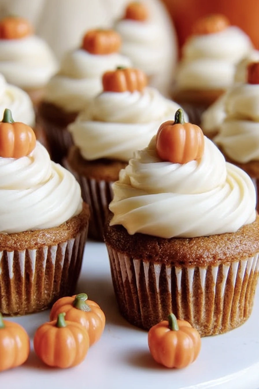 pumpkin cupcakes, delicious recipe, autumn flavors, moist, spiced, frosting, indulgent