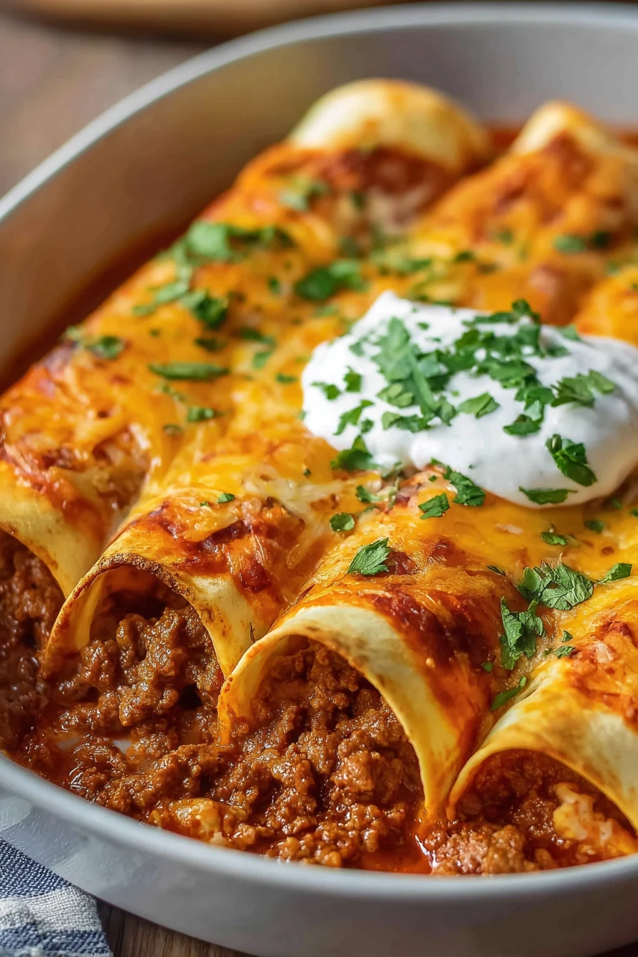 cheesy, ground beef, enchiladas, savory, flavorful, melted cheese, delicious