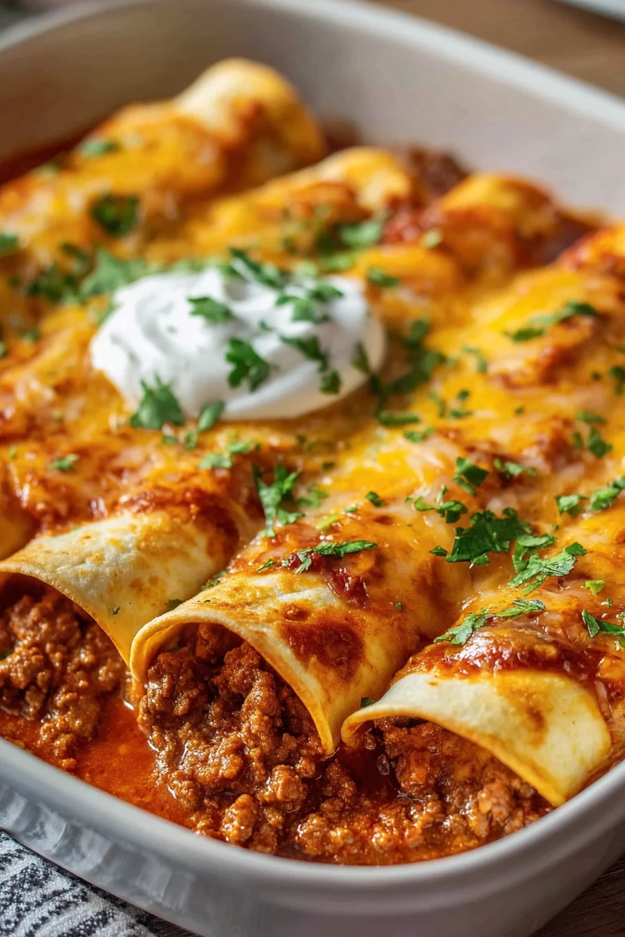 cheesy, ground beef, enchiladas, savory, flavorful, melted cheese, delicious