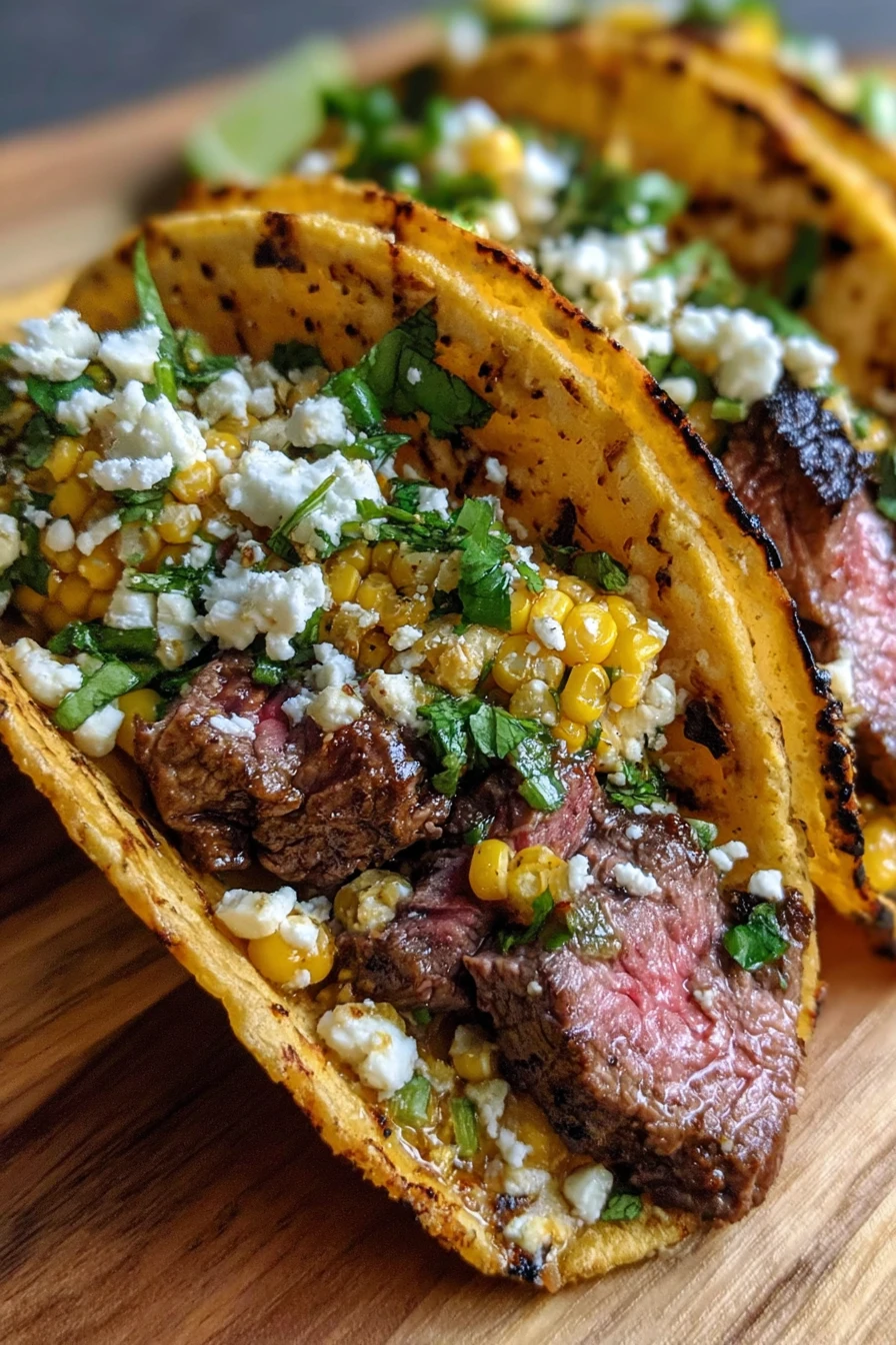 marinated steak tacos, grilled elote corn, savory, juicy, flavorful, charred, Mexican street food