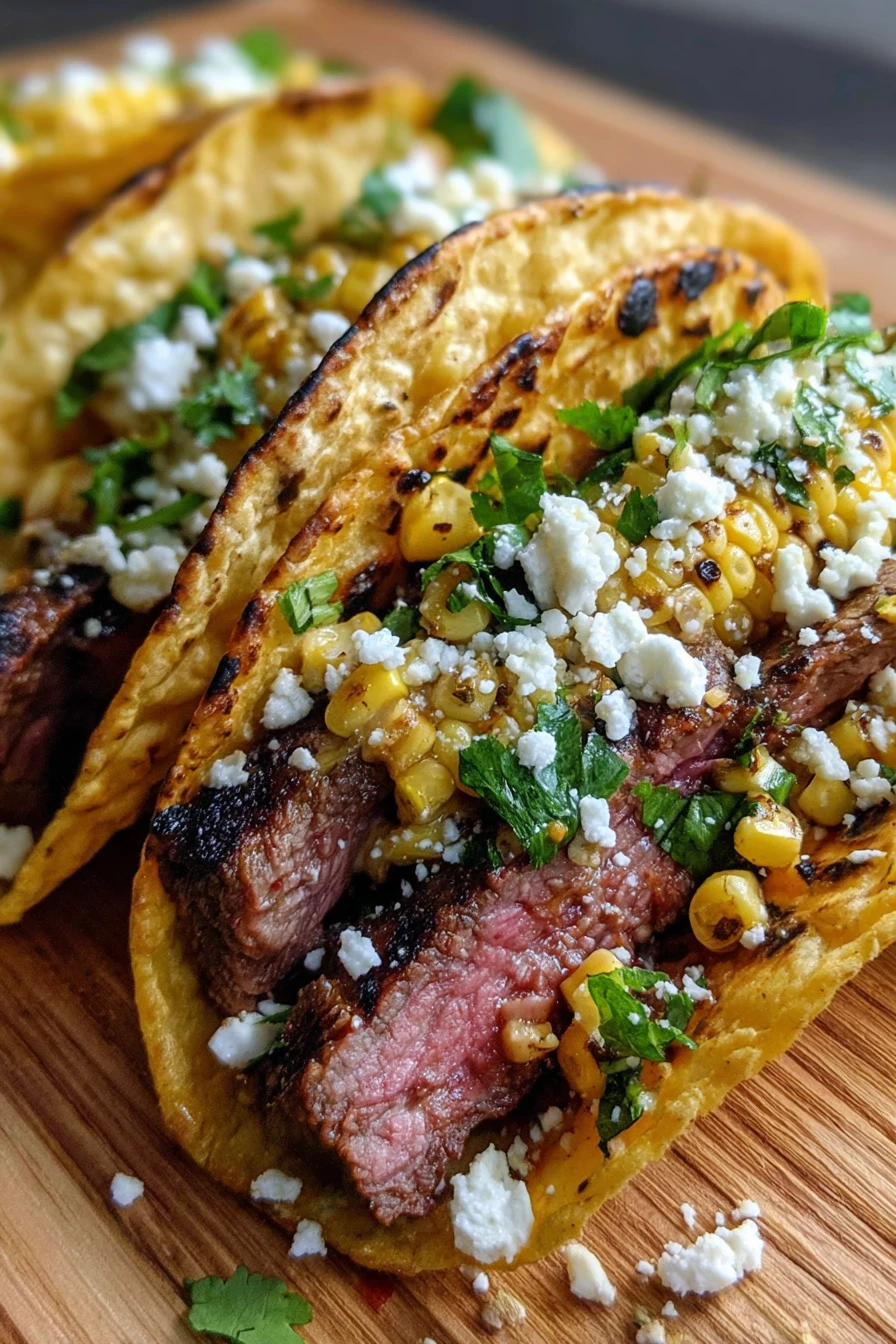 marinated steak tacos, grilled elote corn, savory, juicy, flavorful, charred, Mexican street food