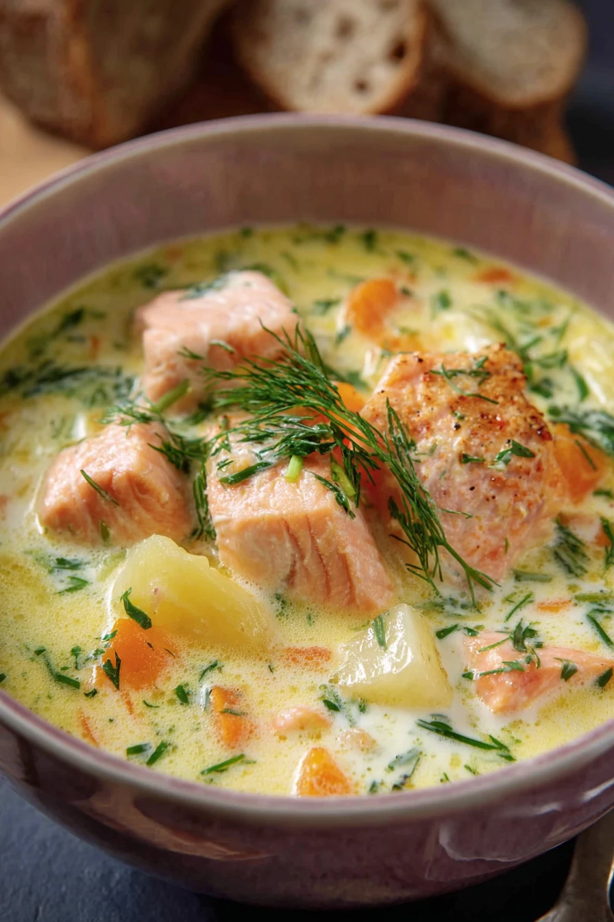 Finnish salmon soup, creamy, hearty, savory, aromatic, traditional, comforting, Nordic flavors