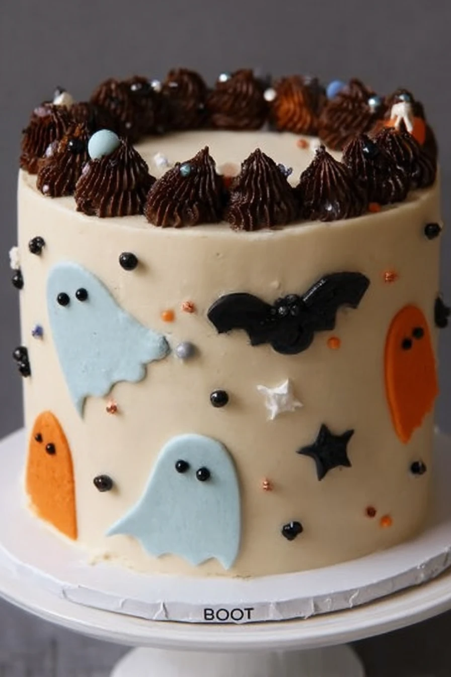 Halloween, ghost cake, chocolate frosting, spooky, delicious, festive, sweet and creamy