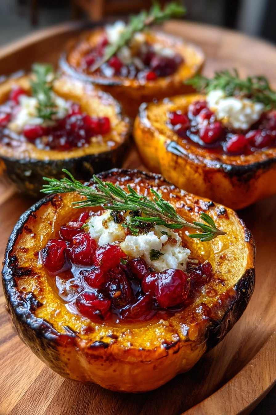 honey-glazed, acorn squash, creamy goat cheese, cranberry, savory, decadent, festive, delicious