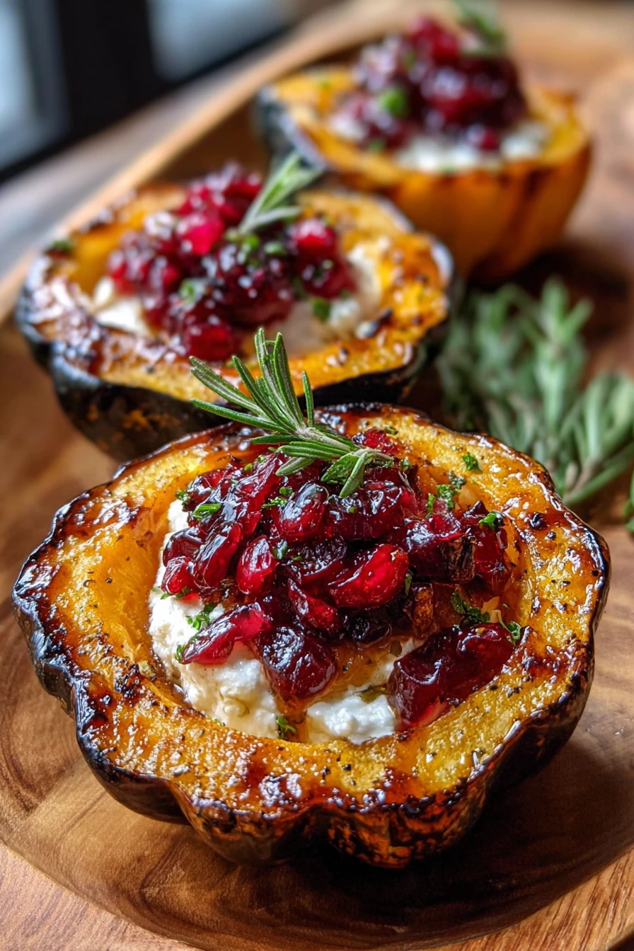 honey-glazed, acorn squash, creamy goat cheese, cranberry, savory, decadent, festive, delicious