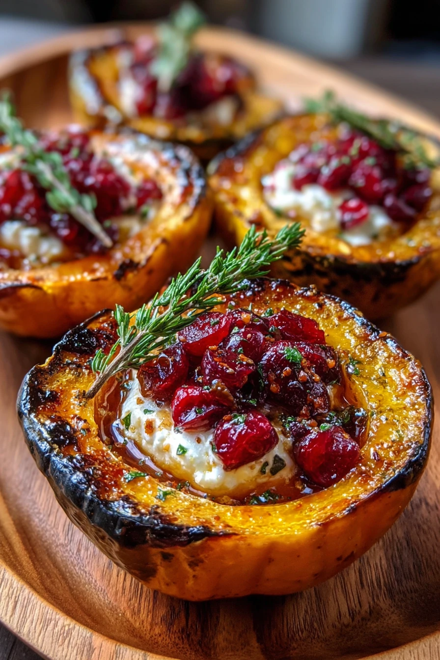 honey-glazed, acorn squash, creamy goat cheese, cranberry, savory, decadent, festive, delicious