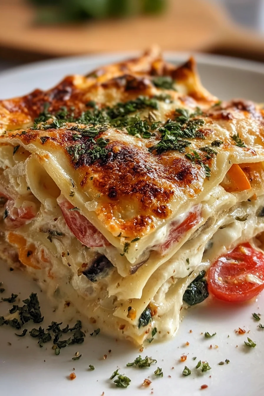 loaded veggie white lasagna, delicious, creamy, flavorful, vegetable-packed, satisfying, cheesy