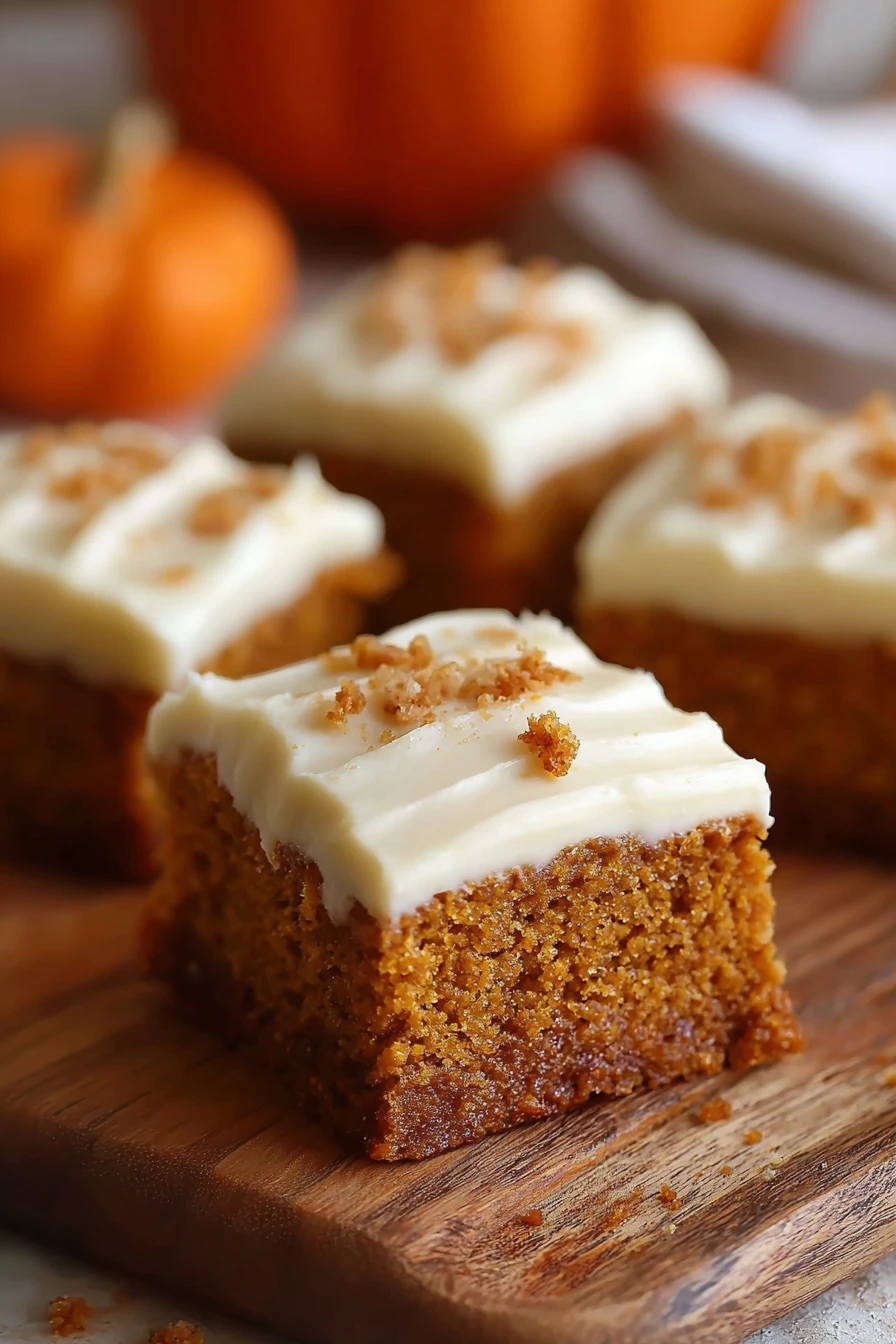 pumpkin bars, cream cheese frosting, old fashioned, autumnal, decadent, spiced, sweet and creamy