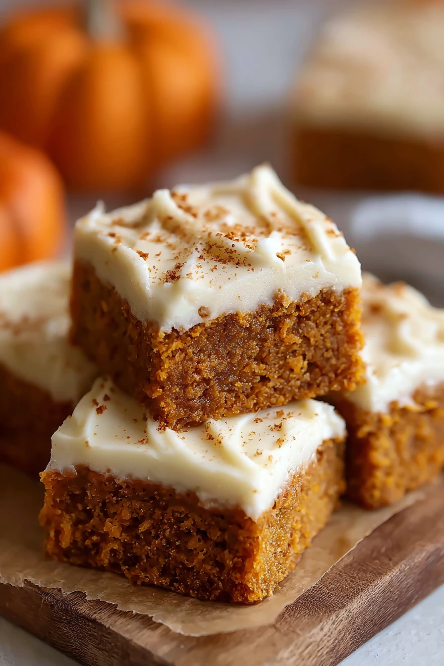 pumpkin bars, cream cheese frosting, old fashioned, autumnal, decadent, spiced, sweet and creamy