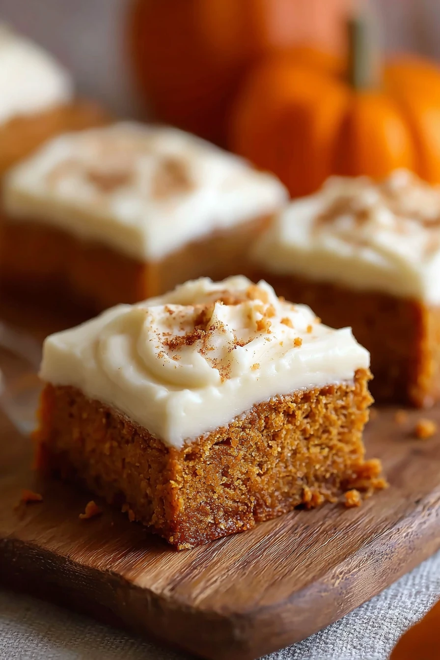 pumpkin bars, cream cheese frosting, old fashioned, autumnal, decadent, spiced, sweet and creamy