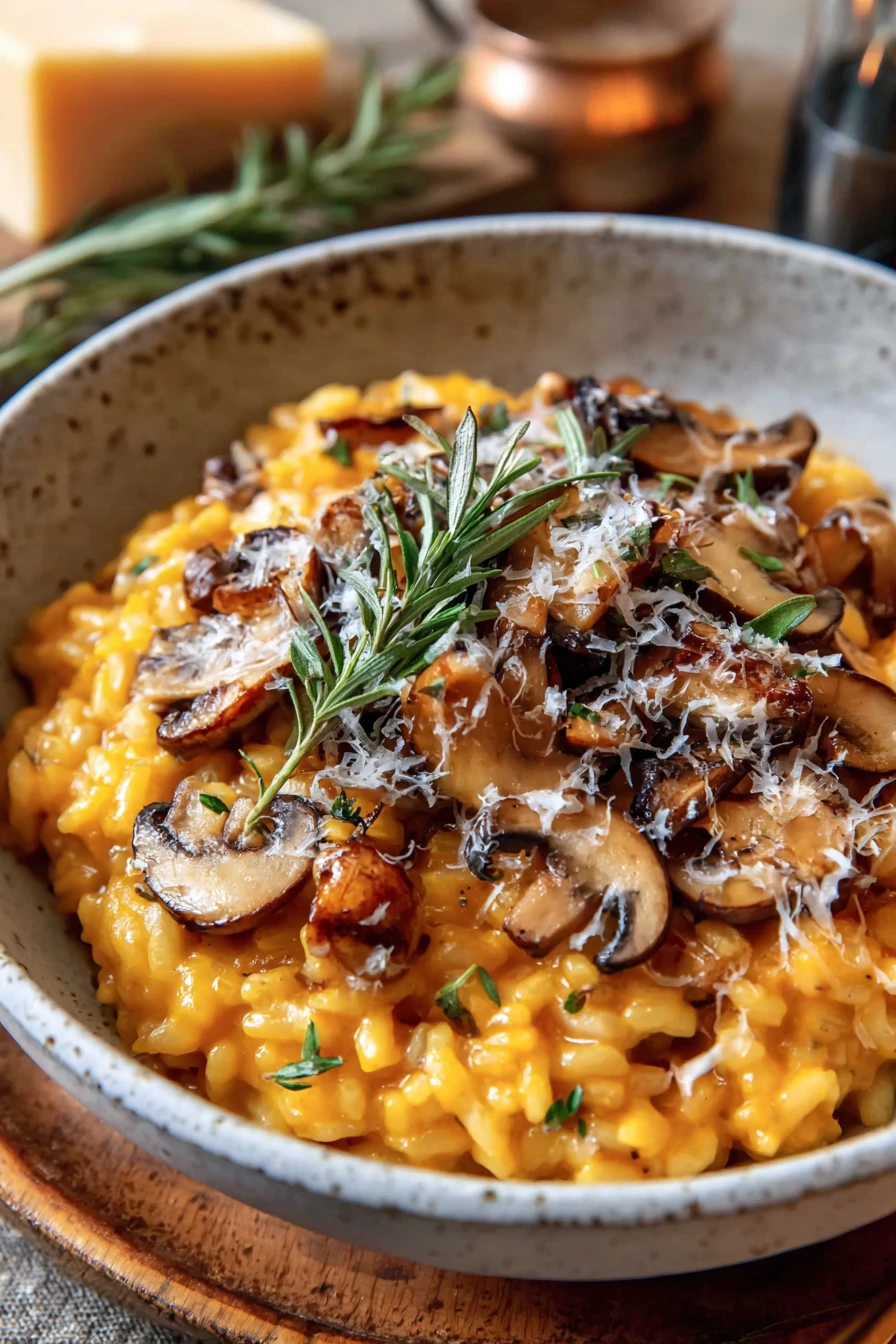 pumpkin risotto, mushroom, savory, creamy, autumn flavors, hearty dish