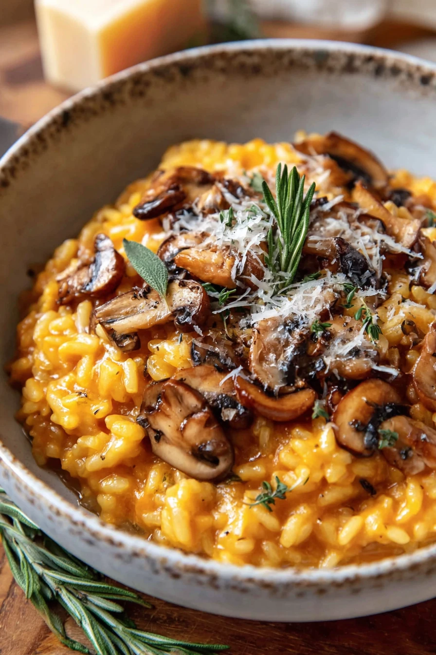 pumpkin risotto, mushroom, savory, creamy, autumn flavors, hearty dish