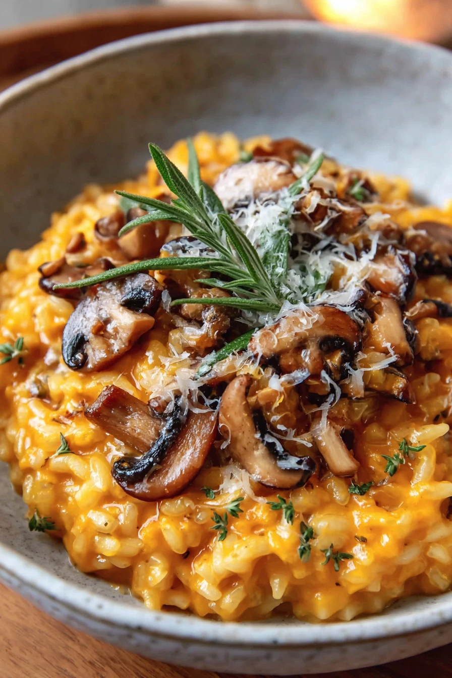 pumpkin risotto, mushroom, savory, creamy, autumn flavors, hearty dish