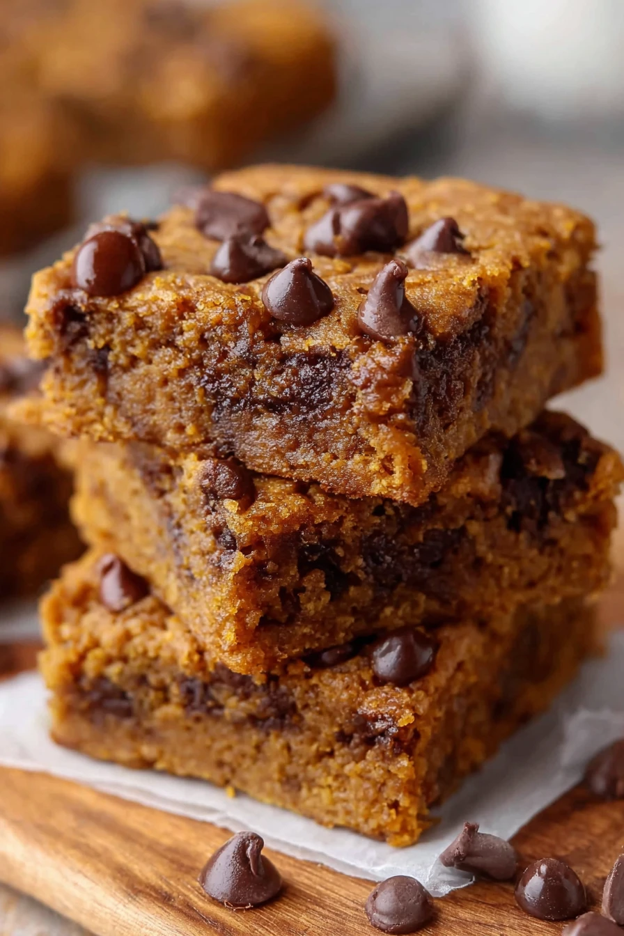 pumpkin chocolate chip bars, delicious autumn treat, moist, decadent, chocolatey, pumpkin spice flavor