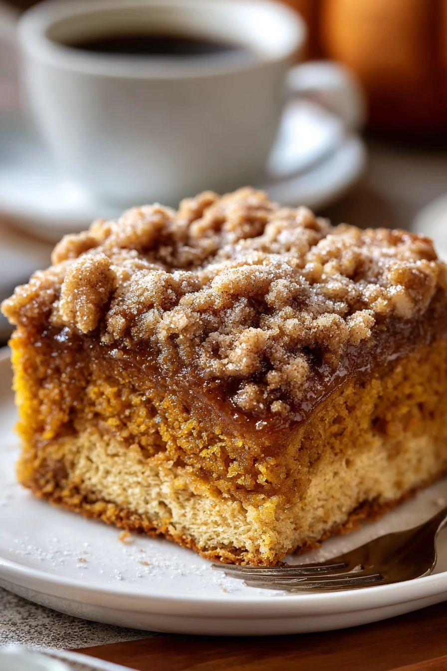 pumpkin coffee cake, delicious recipe, autumn flavors, moist, spiced, sugary streusel topping