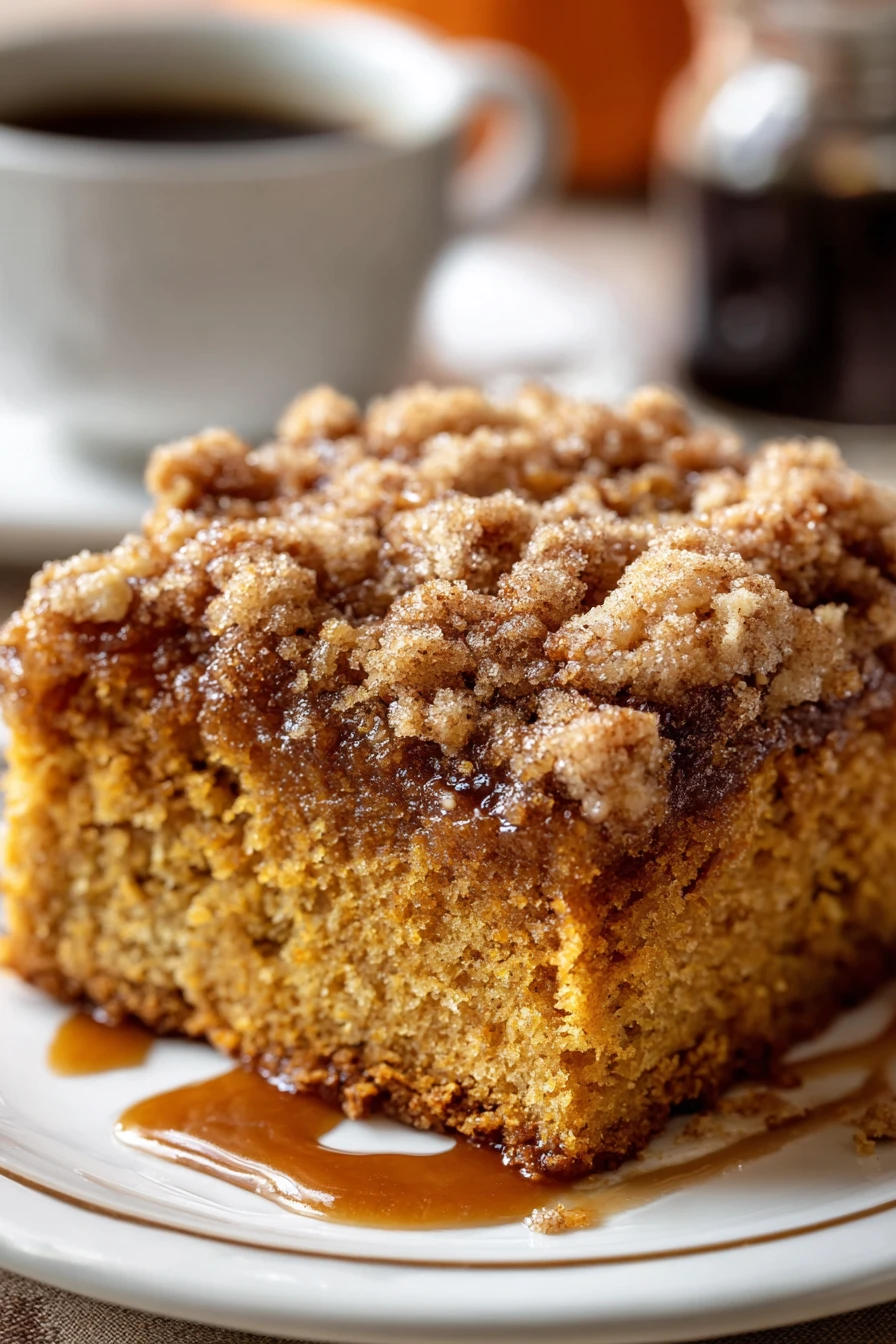 pumpkin coffee cake, delicious recipe, autumn flavors, moist, spiced, sugary streusel topping