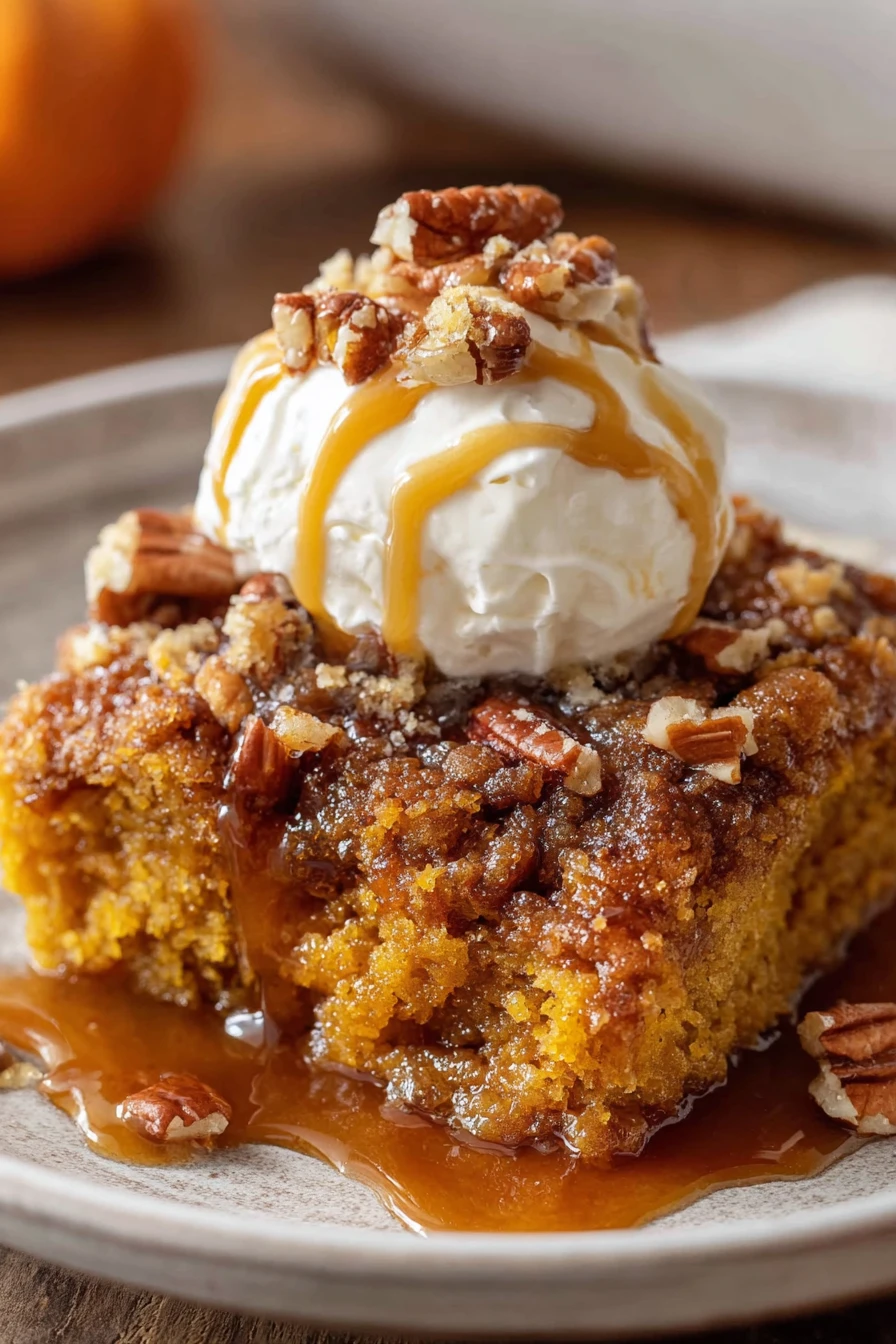 pumpkin dump cake recipe, delicious fall dessert, moist, spiced, easy to make