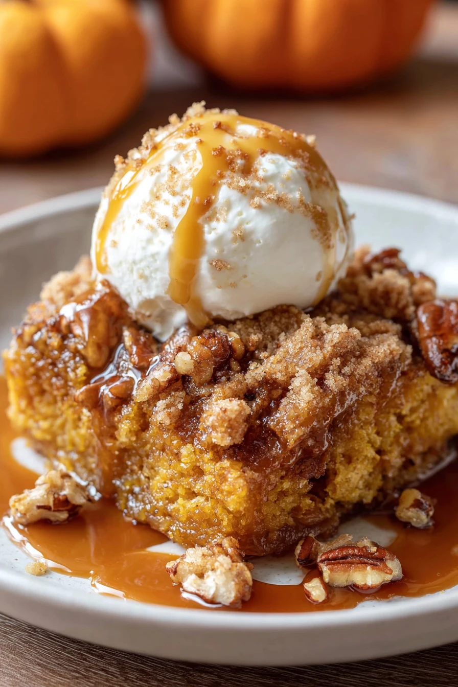 pumpkin dump cake recipe, delicious fall dessert, moist, spiced, easy to make