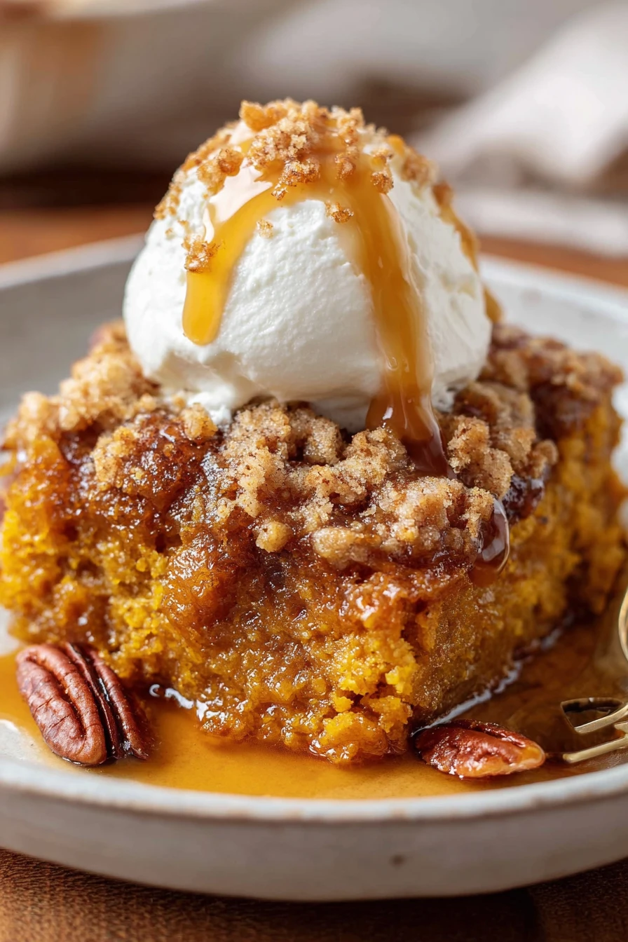 pumpkin dump cake recipe, delicious fall dessert, moist, spiced, easy to make