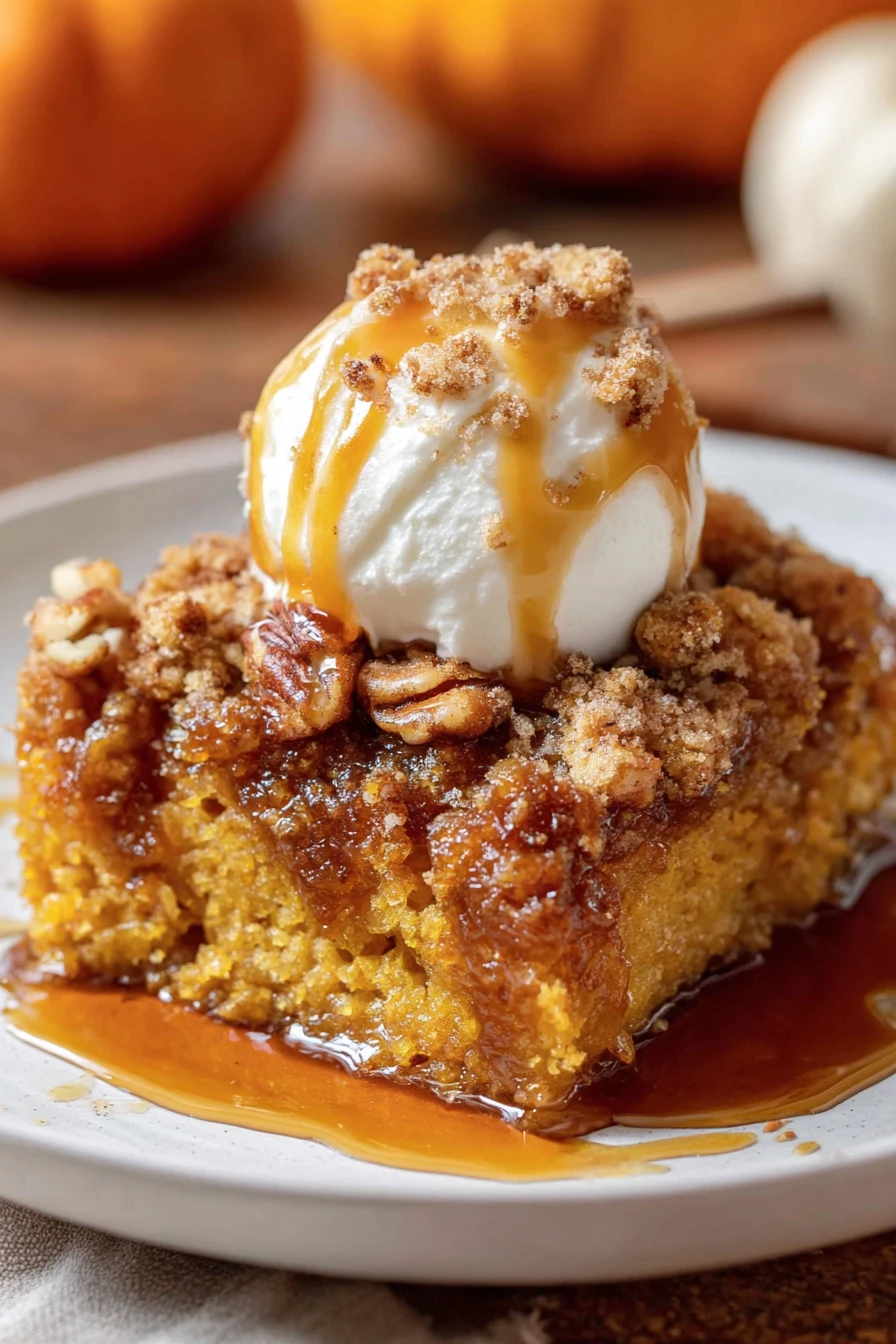 pumpkin dump cake recipe, delicious fall dessert, moist, spiced, easy to make