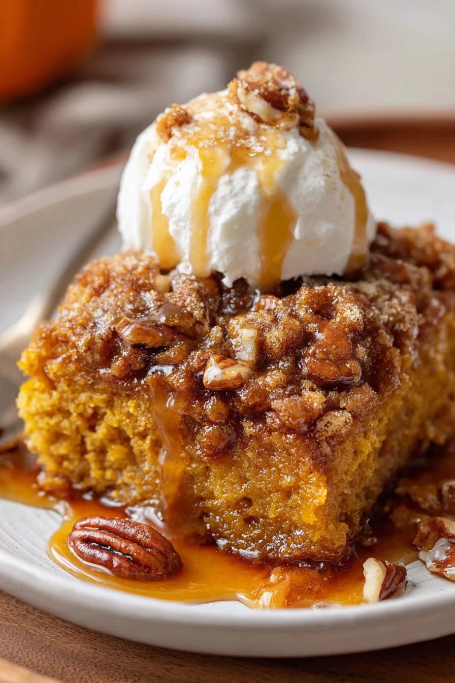 pumpkin dump cake recipe, delicious fall dessert, moist, spiced, easy to make